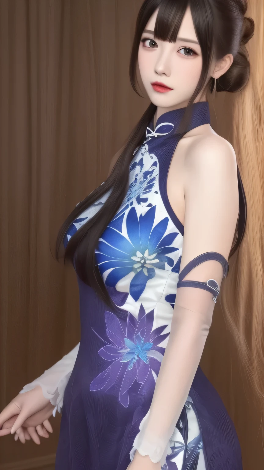ltra-detailed,highly detailed,best quality,masterpiece,illustration,realistic,photorealistic,
1girl, alone, 
yinziping, lantingyue, chinese clothes, china dress,qipao,blue dress, bare shoulders, detached sleeves, floral print, sleeveless dress, see-through, covered navel, 
black hair, long hair, bangs, hair bun, hair ornament, 
upper body, looking at viewer, 
 high res,  high res,  High Quality ,  supermilk  supermilk　 supermilk　 supermilk　 high image quality　4K