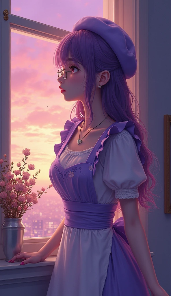  The image shows a girl with bright and expressive features,  bow stylized in the genre of anime or digital art . She has colorful hair ,  turning from blue to pink , , which gives it a fabulous and slightly fantasy look .  Her big eyes emphasize the soft and gentle look .  The girl is dressed in pale blue I wear clothes with a , , which adds sophistication and innocence to the image .

 In front of her is a bright pink cake ,  decorated with cream and berries ,  who is in the spotlight .  The background of the picture is a cozy cafe with soft light ,  with people sitting at other tables .  The cafe windows offer a view of a city street with blurred details ,  creating an atmosphere of warmth and comfort .

 The overall tone of the image is light and rich ,  conveying harmony and a sense of celebration or a pleasant moment .