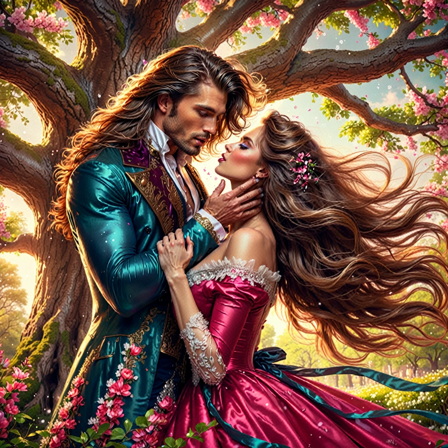 64k vibrant light best glossing bliks scene, Full-length digital realistic illustration. A handsome SEXY 30-year-strong  graceful powerful man with long hair NEAR BIG TREE ON  FANTASY SPRING BLOOMING park and SEXY PRESS TO KISS TO TREE AND lifts the chin of a  SEXY WOMAN WITH  CONTRAST (another MAN) COLOR LONGhaiR in CONTRAST VIBRANT COLOR SATIN VICTORIAN ERA'S ENGLAND GOWN  with his fingers. They look eye to eye in love.sunboke. Bright, textured, voluminous, bright rich VIBRANT TRIADIC LIGHT colors, glitter of snow, massive jewelry. Dynamic. Love, tenderness. Flowing hair. textural. contrasting vibrant BEST LIGHT VIBRANT TRIADIC colorscheme, dynamic pose, high quality, clear focus, highly detailed facial features, BEST light, blue eyes, clear eyes with detail, BEST volumetric lighting, hyperrealistic, high contrast, depth of field, unreal, 32k,perfect anatomy,perfect anatomy proportions, perfect hands and fingers, old england dress