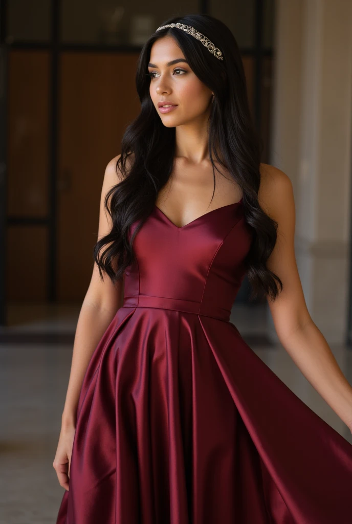 Realistic full body photo of a smiling, young brunette girl with high hair, She dances in front of the camera in a long A-line bridesmaid dress with straps made of shiny dark red satin., Park,glamour fotoshooting, Wedding celebration, perfect anatomy, perfect brown eyes. Perfect hands with 5 fingers on each hand, Matching girl, looking at the camera, 1 Frau. (Eye make up:1.1), (highly detailed skin:1.1), spirit, analog style, keen focus, 8K  UHD, dslr, good quality, Fujifilm XT3, Grain, Award-winning, ​masterpiece. Wedding celebration