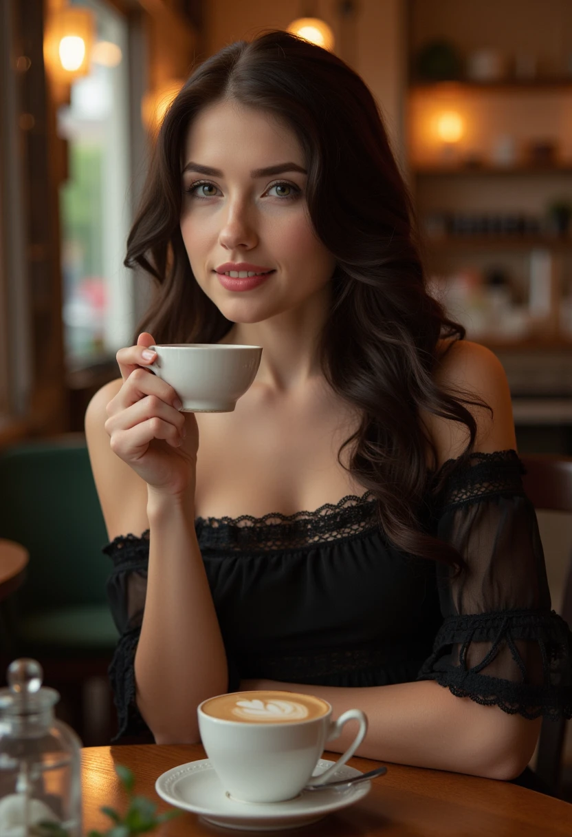 niemira, petite, wearing a black dress, sitting in a cafe drinking an espresso. looking at the viewer smiling, happy