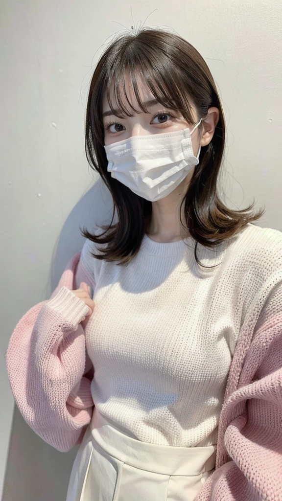 Japan Beauty、Live action、Poses variadas、Background shot on white wall、Colossal tits、Pink mask、Selfie wind、White knitwear