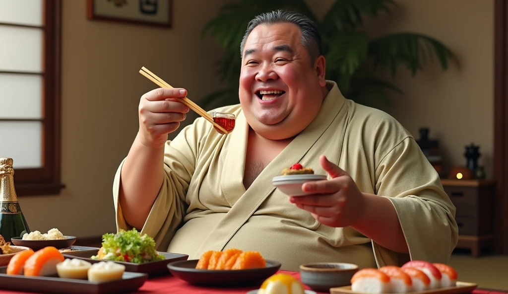 Sumo wrestler eating sushi
