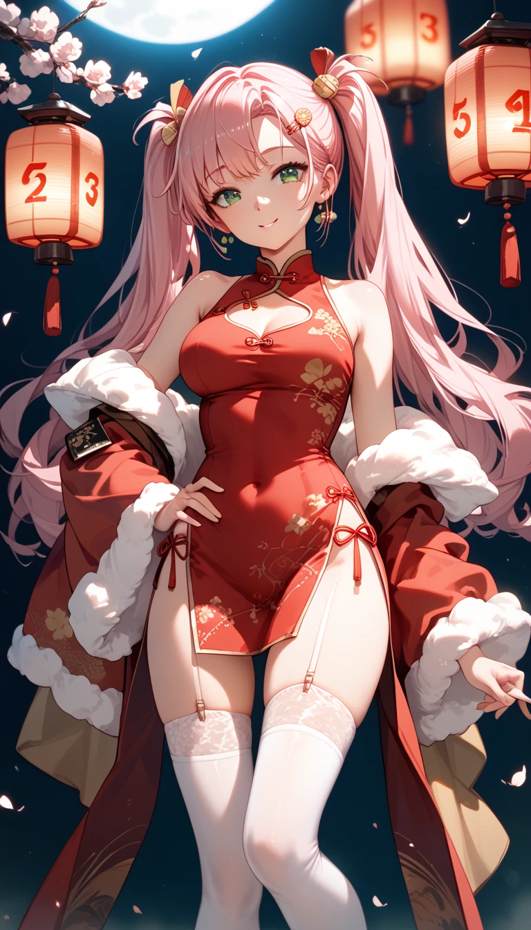 masterpiece, high-resolution ,Anime Art,Anime Numbers, 4k anime wallpaper,Soft Light, radiant skin, unique ,An anime girl,Standing,Hairpin, red cheongsam, white garter socks,lantern, long pink hair,Twin ponytails, Green Eyes ,chest,thigh, solid color new year background