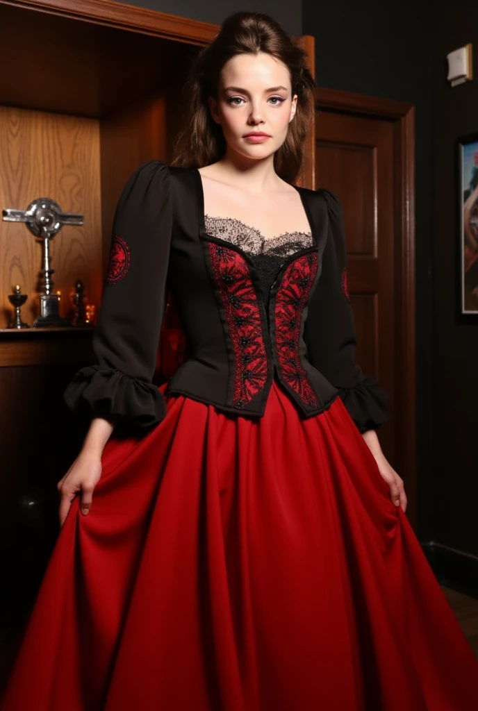 Slim tall athletic woman, age 25, 8k (High definition), looks like ElenaKoshkaQuiron, beautiful, blue big bug eyes, dressed as a prostitute in the old west, big 1800s style red and black dress, long sleeves, corset, 1800s style hairstyle, curky thick black hair, hair up, curvy, small perky breasts, old western saloon background