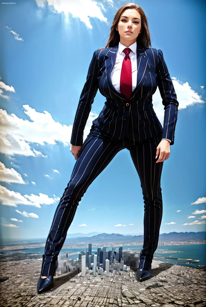 Very Hight altitude view of an approaching young giga giantess, Giantess art, 500 miles tall giga giantess, young sophisticated and stylish woman in a navy blue italian pinstriped trouser 3-peice suit, form fitting crisp office shirt, and a large wide light blue necktie in a windsor knot, with a beautiful, curvaceous figure, large natural breasts, and long blonde hair, with a curvaceous figure and massive breasts. wearing blue rounded court high heels with uncovered feet and standing, rampage-like pose, with a city skyscrapers background of mega-city, skyscapers, partially obscured by a hazy, cloudy atmosphere. The image is a high-resolution, masterpiece-quality, cinematic, ultra-detailed, and hyper-photorealistic photograph, with perfect hands, face, and lighting. ultra-detailed, 8K, photo-realistic, hyper-realistic, masterpiece, intricate details, full body view. Looking at camera, The image is a high-resolution, masterpiece-quality, cinematic, ultra-detailed, and hyper-photorealistic photograph, with perfect hands, face, and lighting. ultra-detailed, 8K, photo-realistic, hyper-realistic, masterpiece, intricate details, from high above