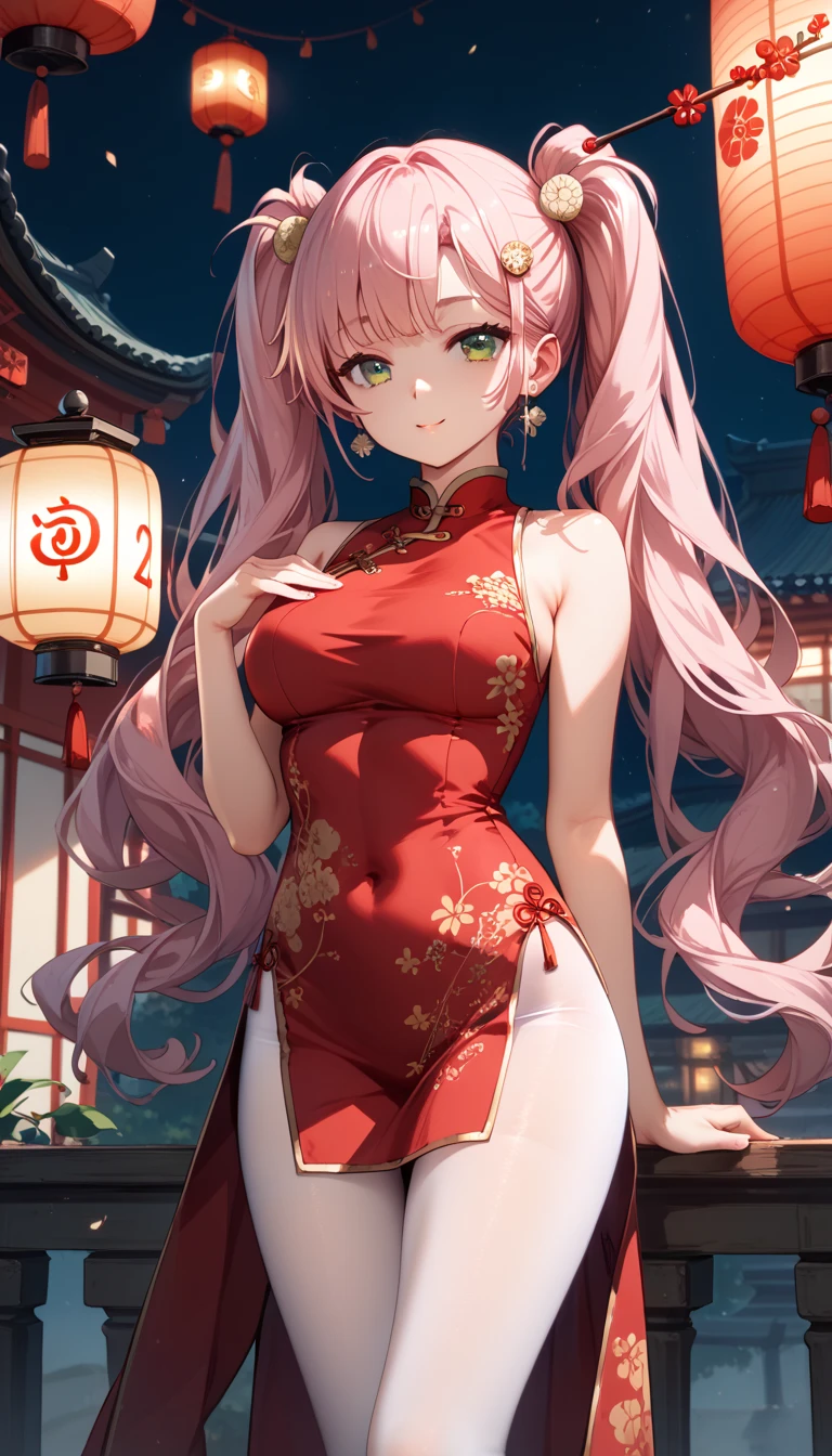 masterpiece, high-resolution ,Anime Art,Anime Numbers, 4k anime wallpaper,Soft Light, radiant skin, unique ,An anime girl,Standing,Hairpin, red cheongsam, white pantyhose,lantern, long pink hair,Twin ponytails, Green Eyes ,thigh, solid color new year background