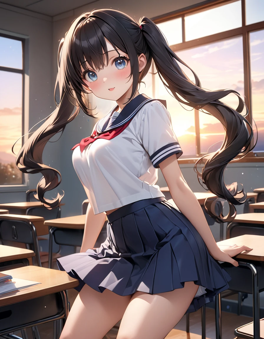 1 girl、、enjoy the scenery、schools、Homeroom(Homeroom:1.5)、ssmile(ssmile:1.5)、medium chest circumference、美丽细致的眼睛、DAY TIME、long whitr hair(long whitr hair:1.4)、Kawaii school uniform(Kawaii school uniform:1.5)、white skin skin、(8K、highest  quality、masterpiece:1.2)、(Real、Forced:1.37)、hyper-detailing、dual horsetail(dual horsetail：1.7)、Belly button  slightly visible(Belly button  slightly visible:1.1)