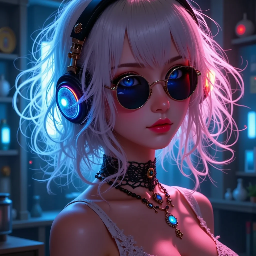 beautiful woman wearing curly hair and sunglasses wearing large headphones、 wearing large headphones - earpiece or surround、 Room of Darkness 、Neon Cyberpunk at night 、 coordinator Neon Glow ,White Hair, 8K Octane, Baroque, Blue eyes, Motion Lines, full body
