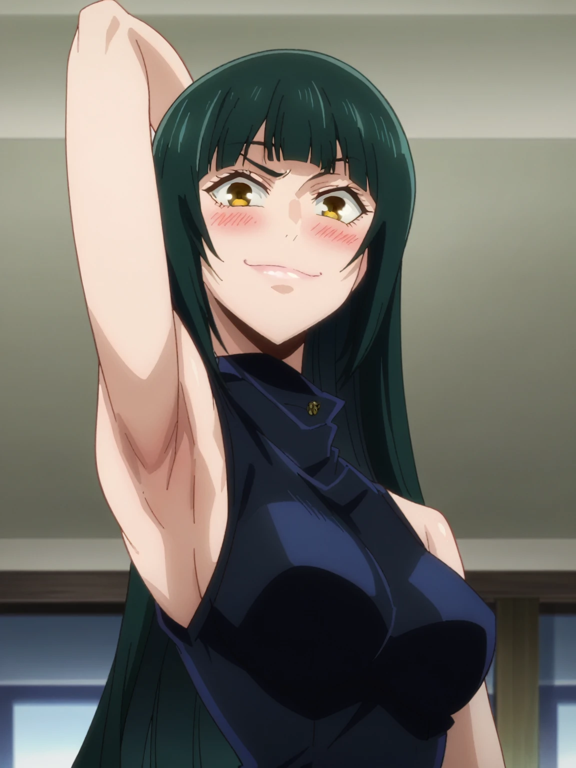 score_9, score_8_up, score_7_up, source_anime, anime screencap, 1girl, solo, mai zenin, yellow eyes, green hair, long hair, blunt bangs, mediun breasts, dark blue shirt, sleeveless, turtleneck, arm behind head, armpit, looking at viewer, head towards viewer, smile, badhandv4, indoors, blush, bare shoulders, bare arms, closed mouth, from side, from below 