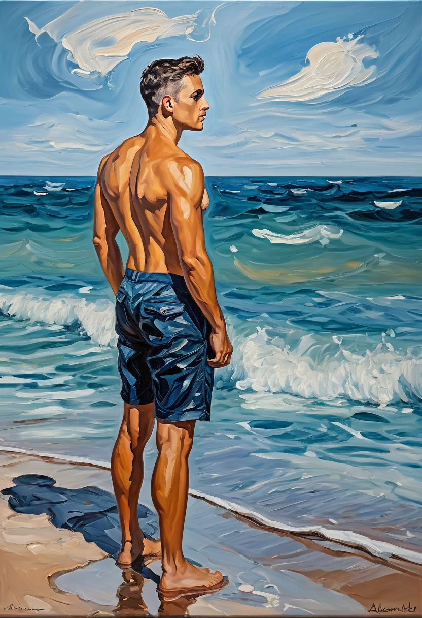 oil painting  of male alexmd standing at sea shore, close view , expressionism style