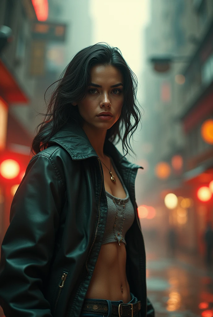 Dramatic moody dry-brushed oil painting, intense dark haired woman, Jane Yellowrock, urban leather crop top and pants, spiked belt, great abs, sultry, walking away from a red toned backlit New Orleans hotel, swagger, intense gaze, confident, pale amber eyes, cute nose, urban fantasy attire, mist, drama, stunning face, the face is a mix of Zoe Kravitz and FKA Twigs, windswept hair, glossy skin, ambiance, intense pink and purple sky, prompt by McKay, pensive, longing, intense, dramatic, perfect hands, ambient lighting, stunning lighting, 3D, texture, hyper detailed face and eyes, magical, mindblowing image, statement making, fantastical, highly detailed, inspiring, creative, perfect composition, 8K, award winning, professional concept art