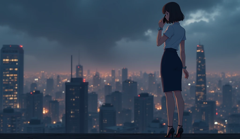 woman from back seeing to the night city, office, big window, penthouse, rain,