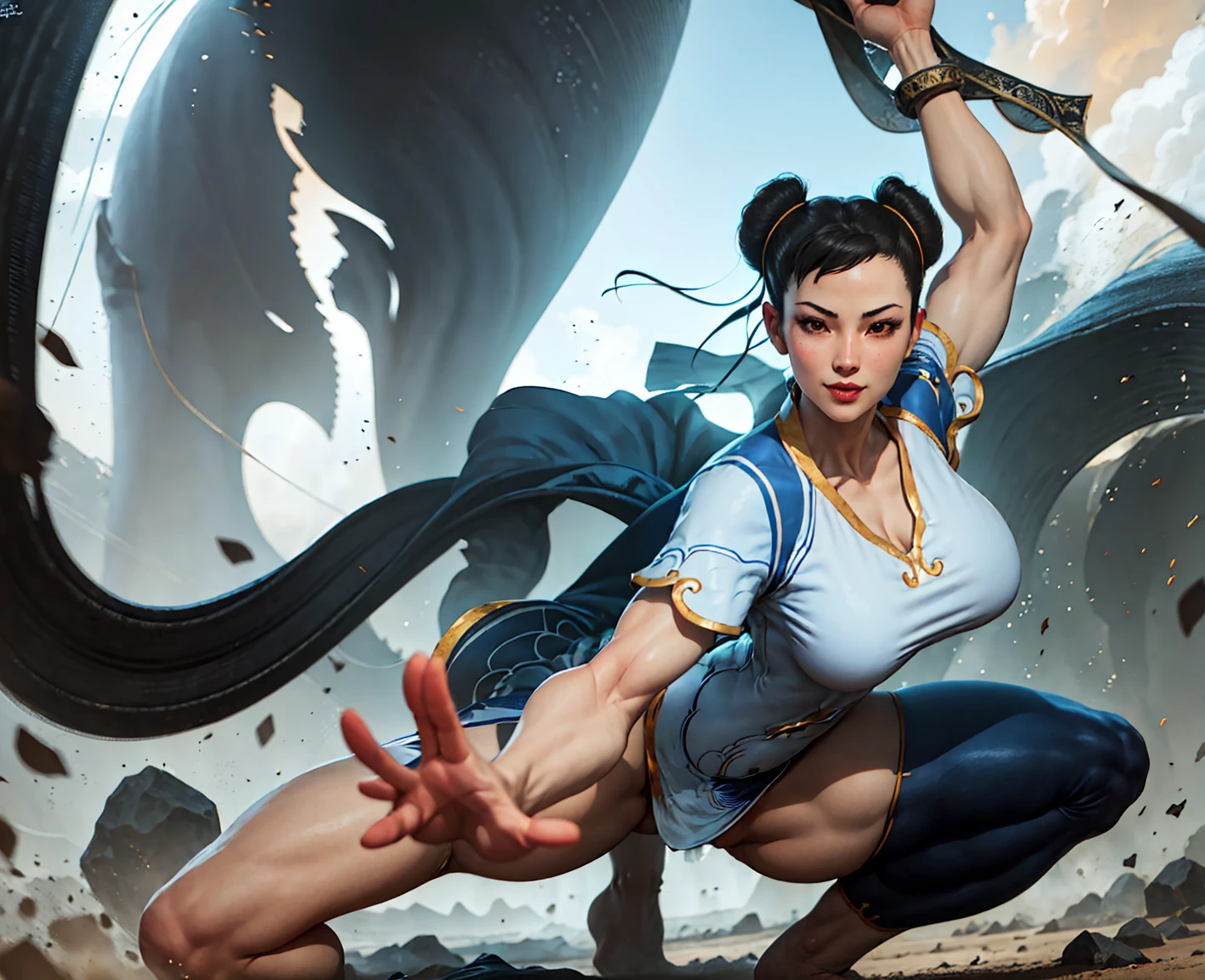 tall woman,  Age 22 , white skin color , Bblack hair , big boobies , defined curves , tight gym clothes with a very plunging neckline, chun li , gym scenario , pose de.barefoot fight , one leg up (high qualiy) ​masterpiece , Grinning, ripped clothing