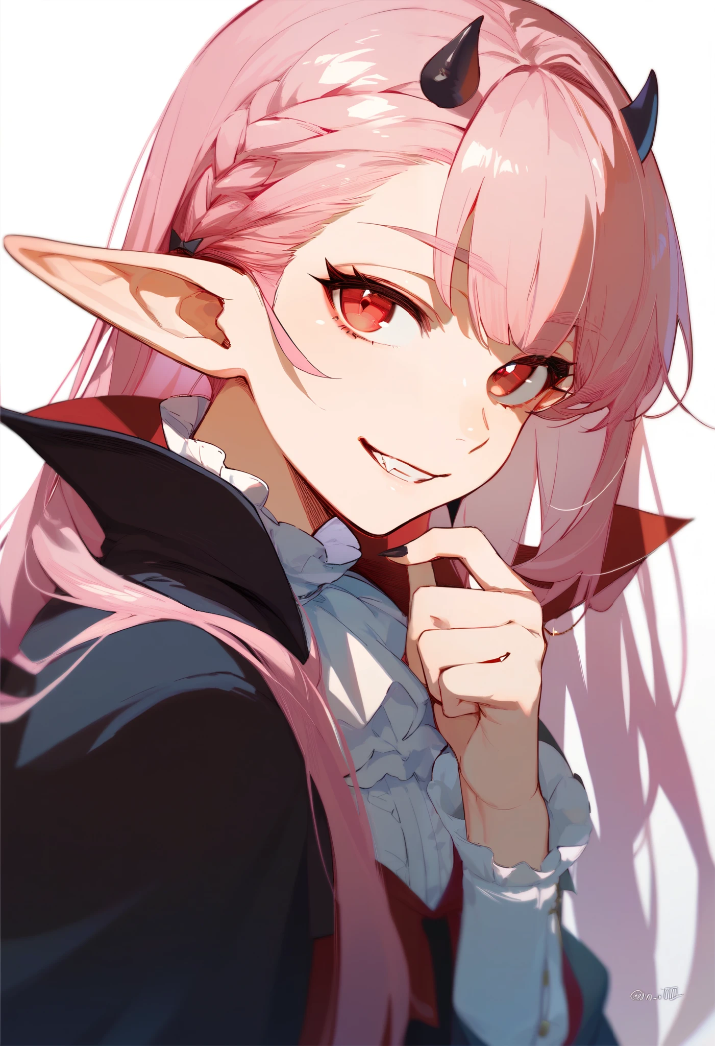 1boy, femboy, pink hair, long hair, red eyes, straight bangs, elf ears, small devil horns, black vampire outfit, smiling, white background