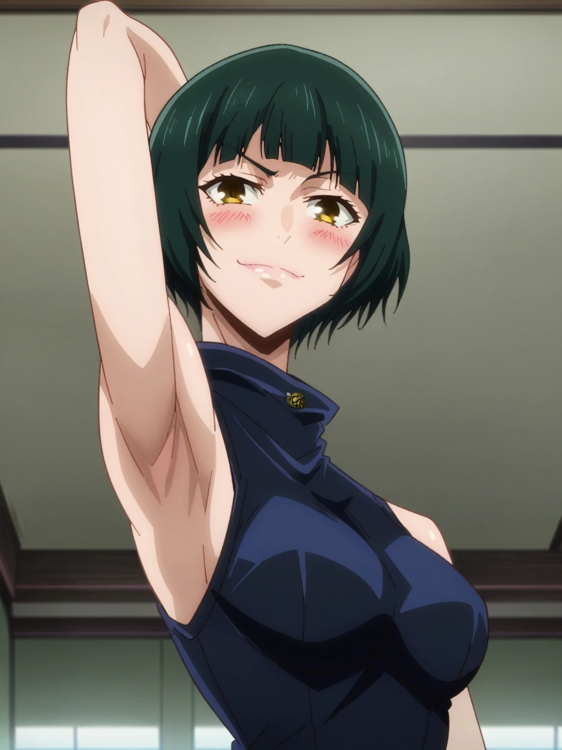 score_9, score_8_up, score_7_up, source_anime, anime screencap, 1girl, solo, mai zenin, yellow eyes, green hair, short hair, blunt bangs, mediun breasts, dark blue shirt, sleeveless, turtleneck, arm behind head, armpit, looking at viewer, head towards viewer, smile, badhandv4, indoors, blush, bare shoulders, bare arms, closed mouth, from side, from below 