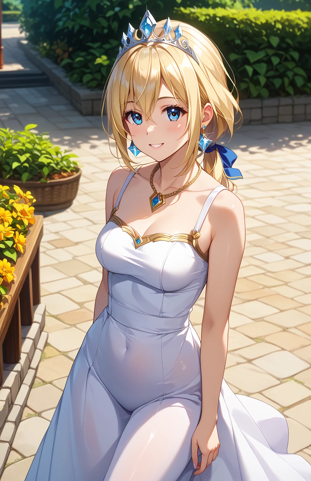 ( standing、Looking up)、20-year-old woman、smile、( big eyes)、 blue eyes、 beautiful eyes、Blonde、 Smooth Hair、((low ponytail、 short hair))、 bangs between eyes、 textured skin 、 slender( shiny silver long dress:1.2)、(sexy tight dress 、ornate golden embroidery)、 emphasizes body line 、 sparkling earrings 、 necklace、 glittering tiara、( 8K resolution 、 highest image quality taken by Ki、 top quality 、 high definition )