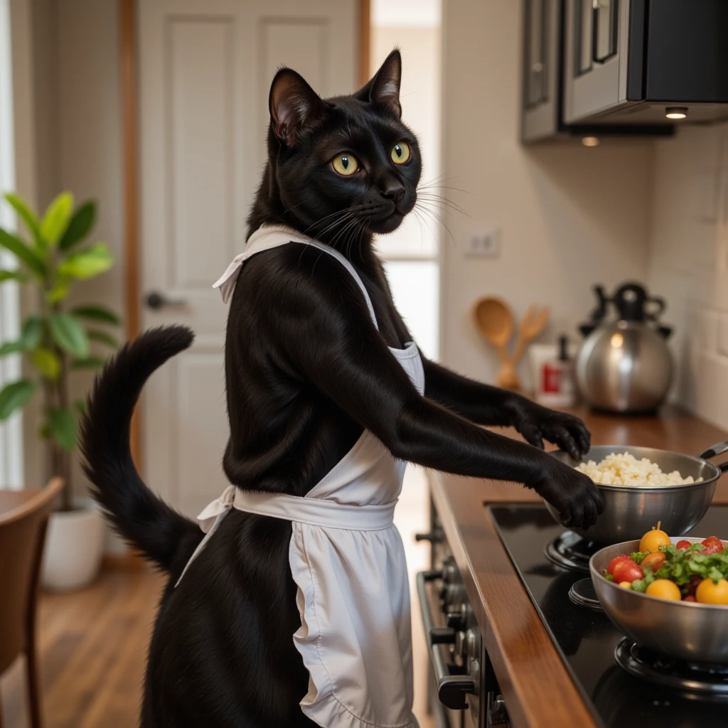 Peeking secretly into a slightly opened door,、 leading to the dining room kitchen A   black cat walking on two legs when you open the door {x} A   black cat walking on two legs inside((Cait Sith)) Use a stove to cook  、2本足で歩く人間の背丈と同じくらいbody格の良い黒猫((Cait Sith)) body、 wearing a white t-shirt dress  、  cosplay costume like maid clothes  、  delicious food placed on the table  、 Steaming food  、Black cat looking back  、首と胸のbody毛が茶色い、 A funny worldview where a domestic   black cat acts like a human 、   black cat、(  Photorealistic 、  RAW photo 、  Photographed by Ki with Highest Image Quality : 1.4)、  super high res、  super real  、   high detail  、Soft Lightning 