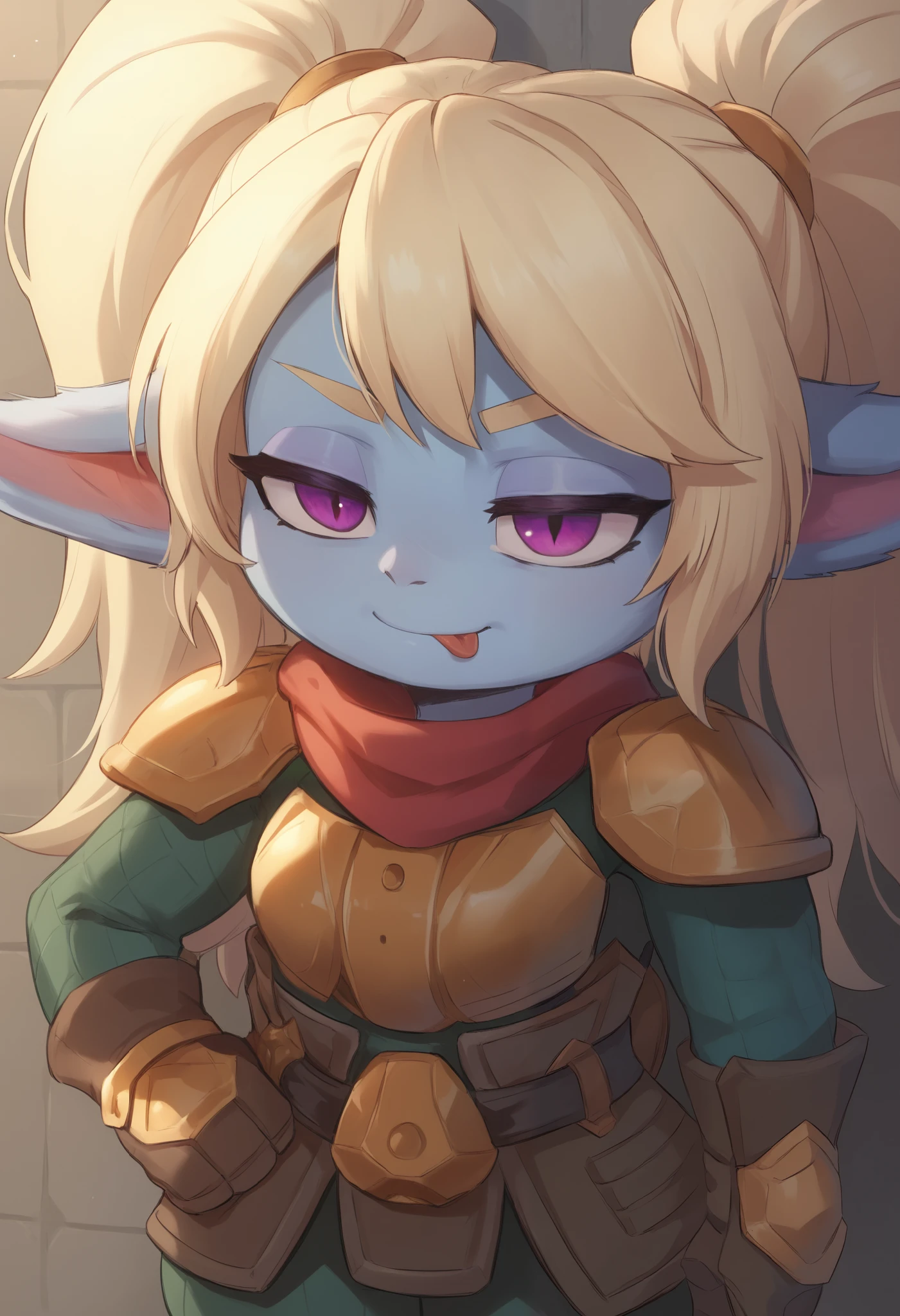 score_9, score_8_up, score_7_up, rating_safe, 1girl, (shortstack:1.3), cute, p0ppy, yordle, blonde hair, blue skin, big twintails, armor, shoulder armor, small breasts, huge hips.(head tilt:1.3), smug, bedroom eyes, close-up, cleavage, scarf, tongue out, against wall, solo, hand on hip, 4 fingers Show less