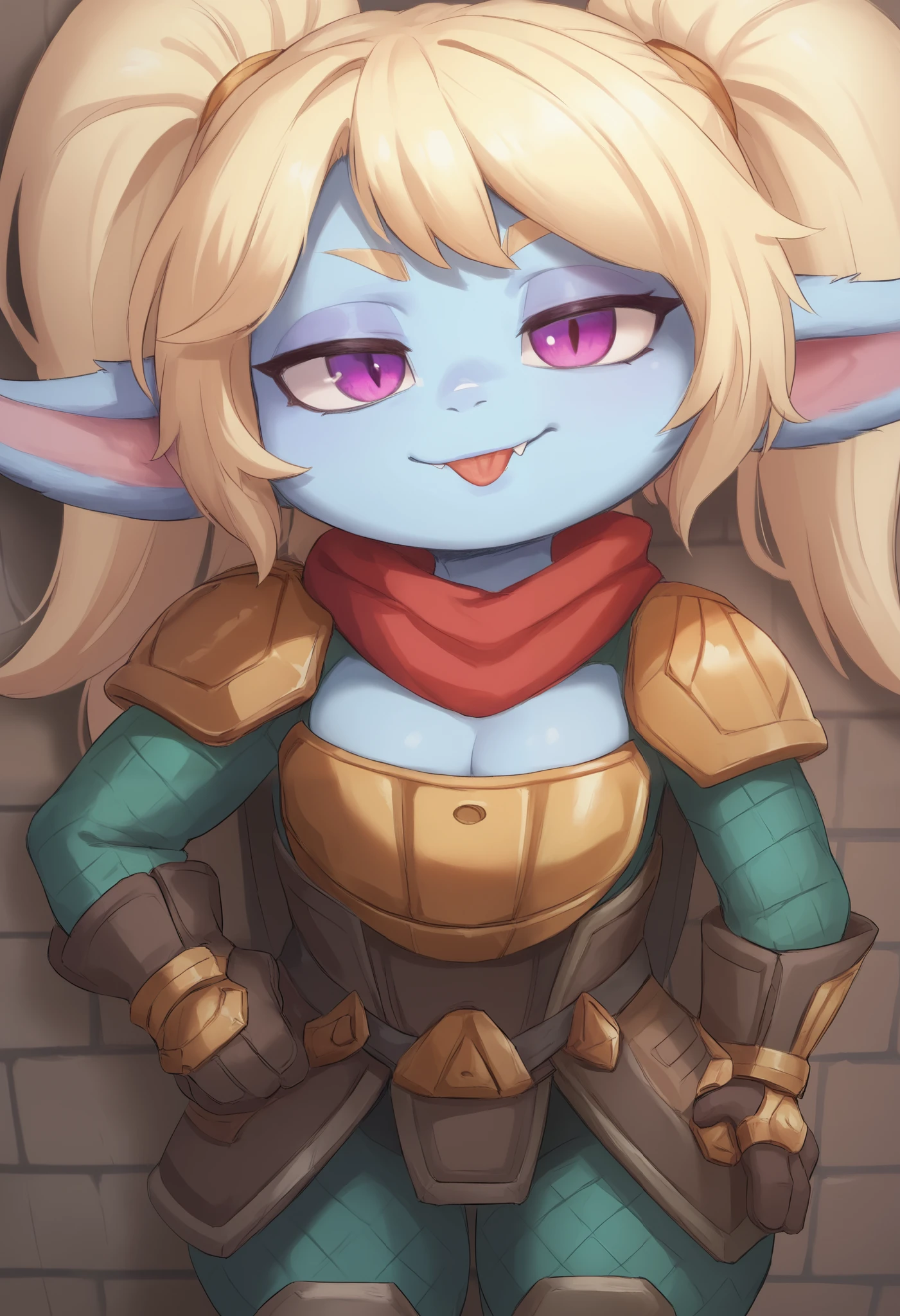 score_9, score_8_up, score_7_up, rating_safe, 1girl, (shortstack:1.3), cute, p0ppy, yordle, blonde hair, blue skin, big twintails, armor, shoulder armor, small breasts, huge hips.(head tilt:1.3), smug, bedroom eyes, close-up, cleavage, scarf, tongue out, against wall, solo, hand on hip, 4 fingers Show less