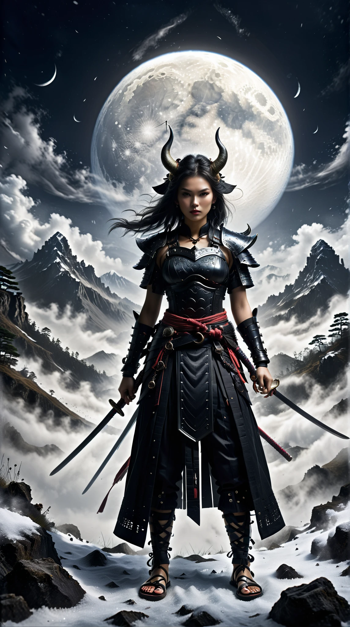  Portrait of a Fierce Samurai Woman， wearing black ， Bright Angles ，Blackened ，powder， Sapphire Heart Pendant ，sportswear， Waterproof Silk Sandals ， Horned Headgear ， Foot Armor ， Warrior Style ，palace， Fog Lamp ，Snow Moon Law， Masterpiece ， Unbeatable Quality ，Complex design， Best Artistry ， Ultra High Resolution 