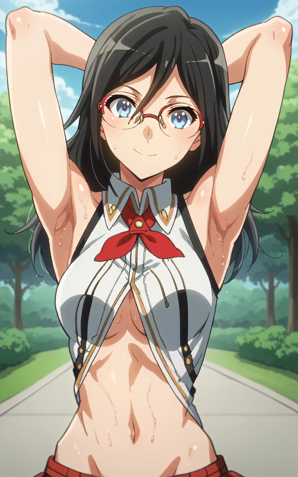 score_9, score_8_up, score_7_up, source_anime, anime screencap, 1girl, solo, asuka tanaka, blue eyes, black hair, long hair, glasses, medium breasts, wearing alisa god eater outfit, clavage, underboobs, navel showing, arms behind head, armpits, looking at viewer, head towards viewer, smile, badhandv4, outdoors, park, bare shoulders, bare arms, closed mouth, sweaty armpits