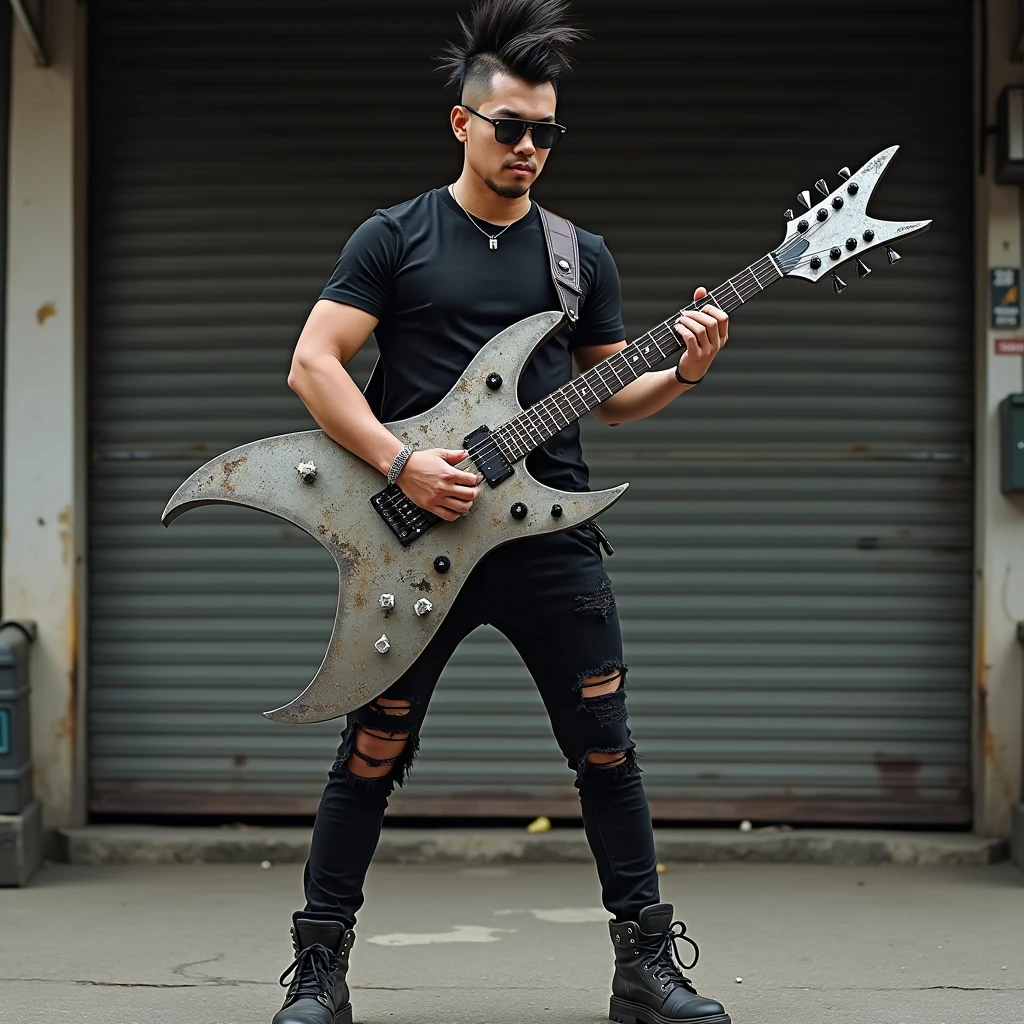 肌肉男, playing black guitar ,shiny muscles, Well defined demonic look fire on back ,arte ultra realista