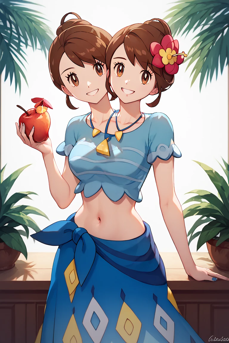 high resolution, highly detailed, perfect lighting, beautiful detailed eyes, ((masterpiece,best quality)), absurdres,      smile,  solo,  gloria (pokemon),  two heads, gloriaSummer, blue sarong, blue shirt, hair flower,  jewelry, navel, necklace, official alternate costume,    curvy,   Delfino_Plaza,  small fruit stand,  pineapples,  coconuts,  palm tree,