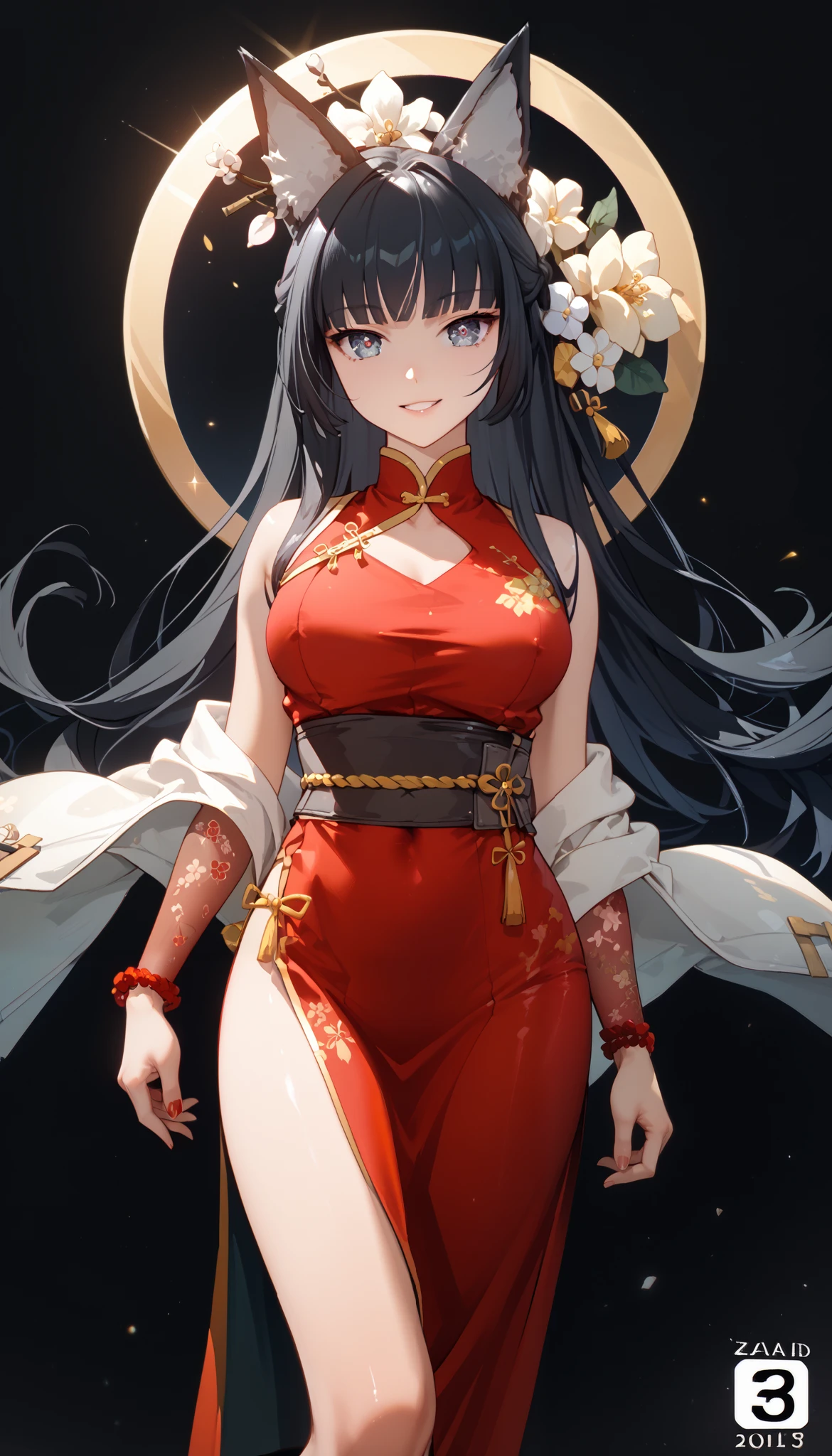 masterpiece, high-resolution ,Anime Art,Anime Numbers, 4k anime wallpaper,Soft Light, radiant skin, unique ,An anime girl,Standing, red cheongsam,Happy New Year, long black hair, Wolf Ears , black eyes,chest,thigh, black background