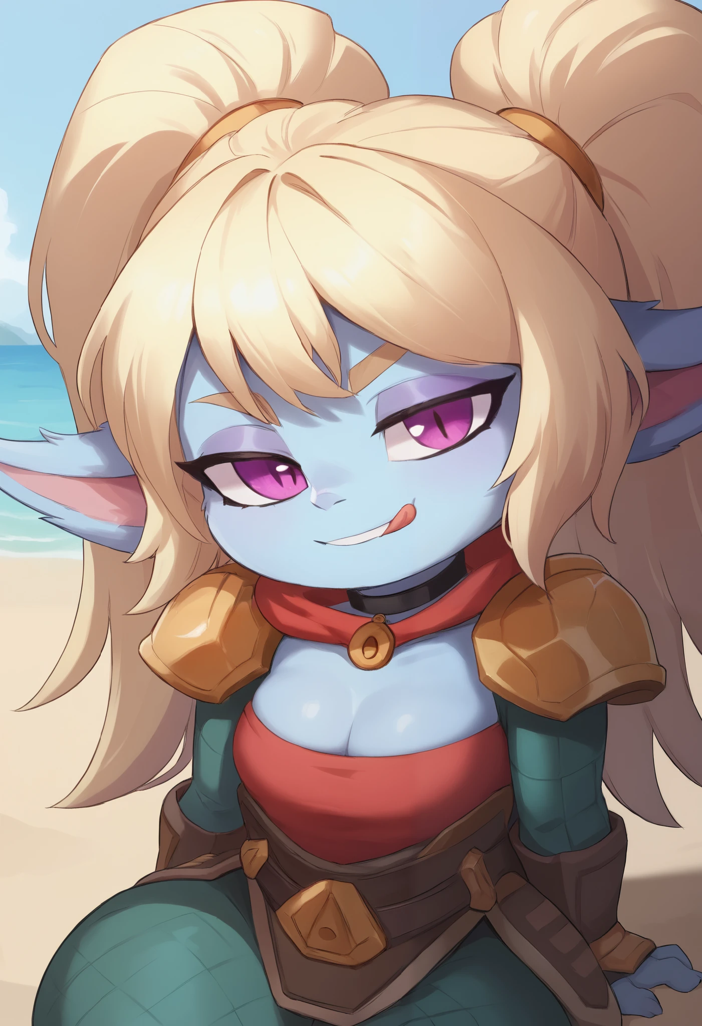 score_9, score_8_up, score_7_up, rating_safe, 1girl, (shortstack:1.3), cute, p0ppy, yordle, blonde hair, blue skin, big twintails, shoulder armor, small breasts, huge hips.(head tilt:1.3), smug, bedroom eyes, close-up, cleavage, scarf, tongue out, against wall, solo, 4 fingers.  choker. swimsuit, a sun hat. beach. sitting