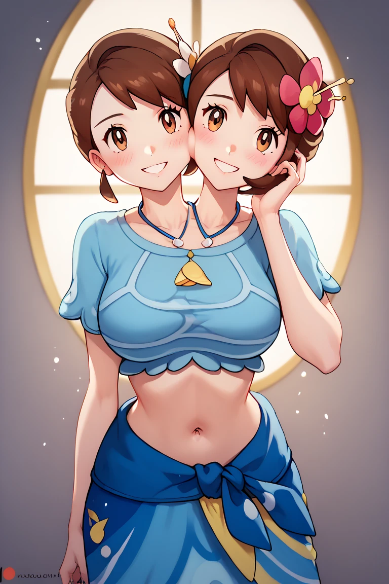 high resolution, highly detailed, perfect lighting, beautiful detailed eyes, ((masterpiece,best quality)), absurdres,      smile,  solo,  gloria (pokemon),  two heads, gloriaSummer, blue sarong, blue shirt, hair flower,  jewelry, navel, necklace, official alternate costume,    curvy,  big breasts, kiss on cheek, blushing