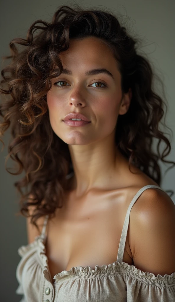 Young Woman Curly brown hair in underwear
