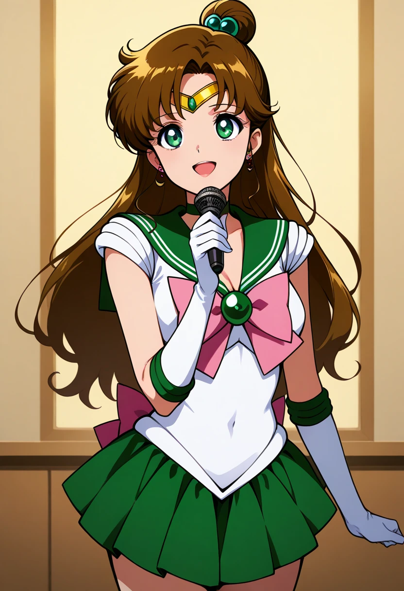 sailor jupiter, singing, for the coffee, green eyes, sideburns,  long hair, miniskirt, skirt, smile,  looking at the spectator, beautiful background, collect, alone