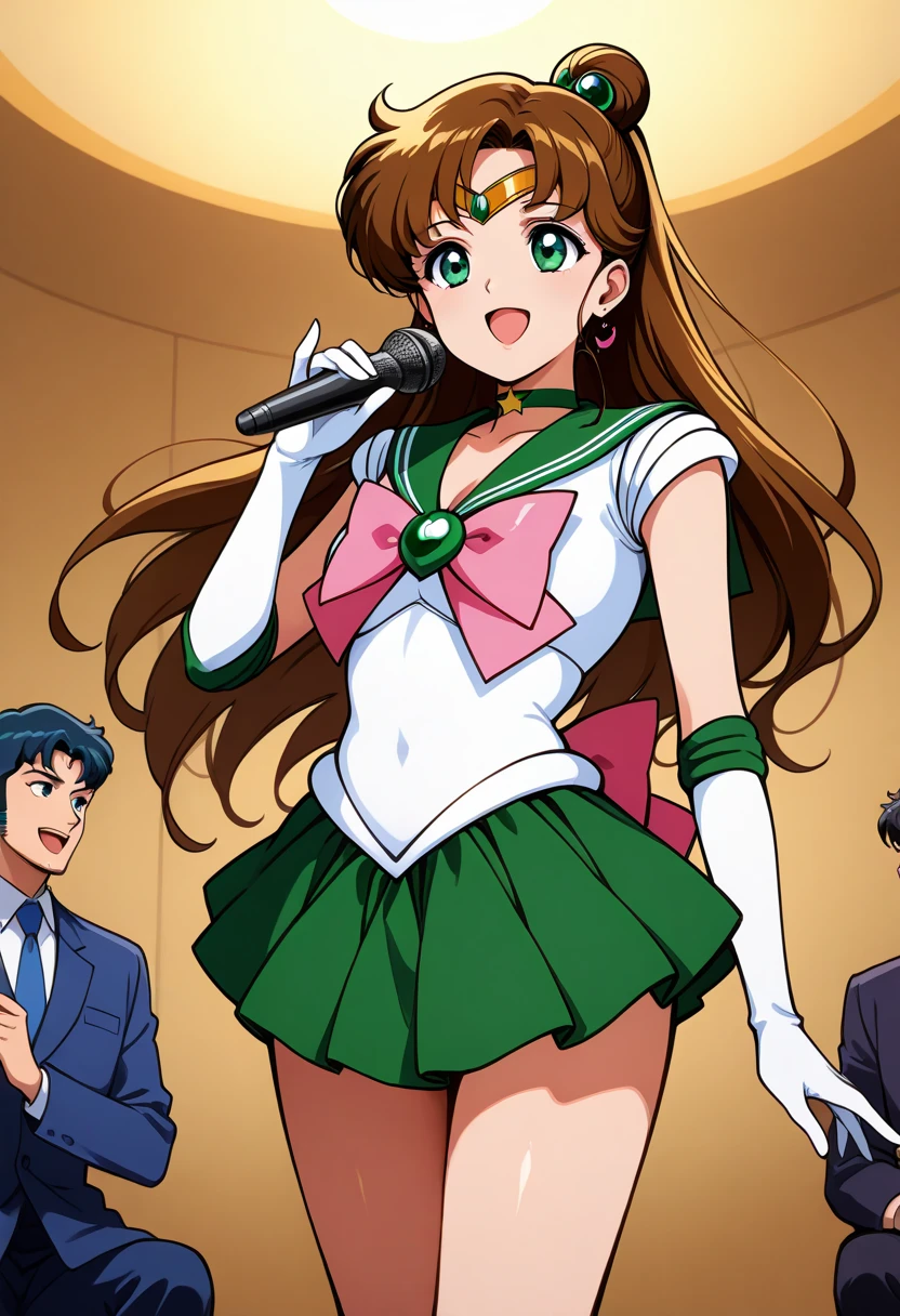 sailor jupiter, singing, for the coffee, green eyes, sideburns,  long hair, miniskirt, skirt, smile,  looking at the spectator, beautiful background, collect, alone