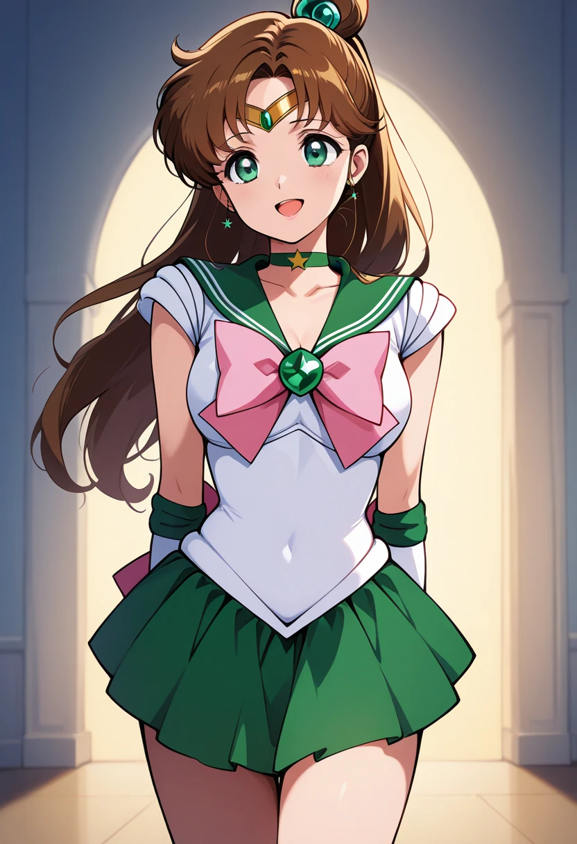 sailor jupiter, singing, for the coffee, green eyes, sideburns,  long hair, miniskirt, skirt, smile,  looking at the spectator, beautiful background, collect, alone