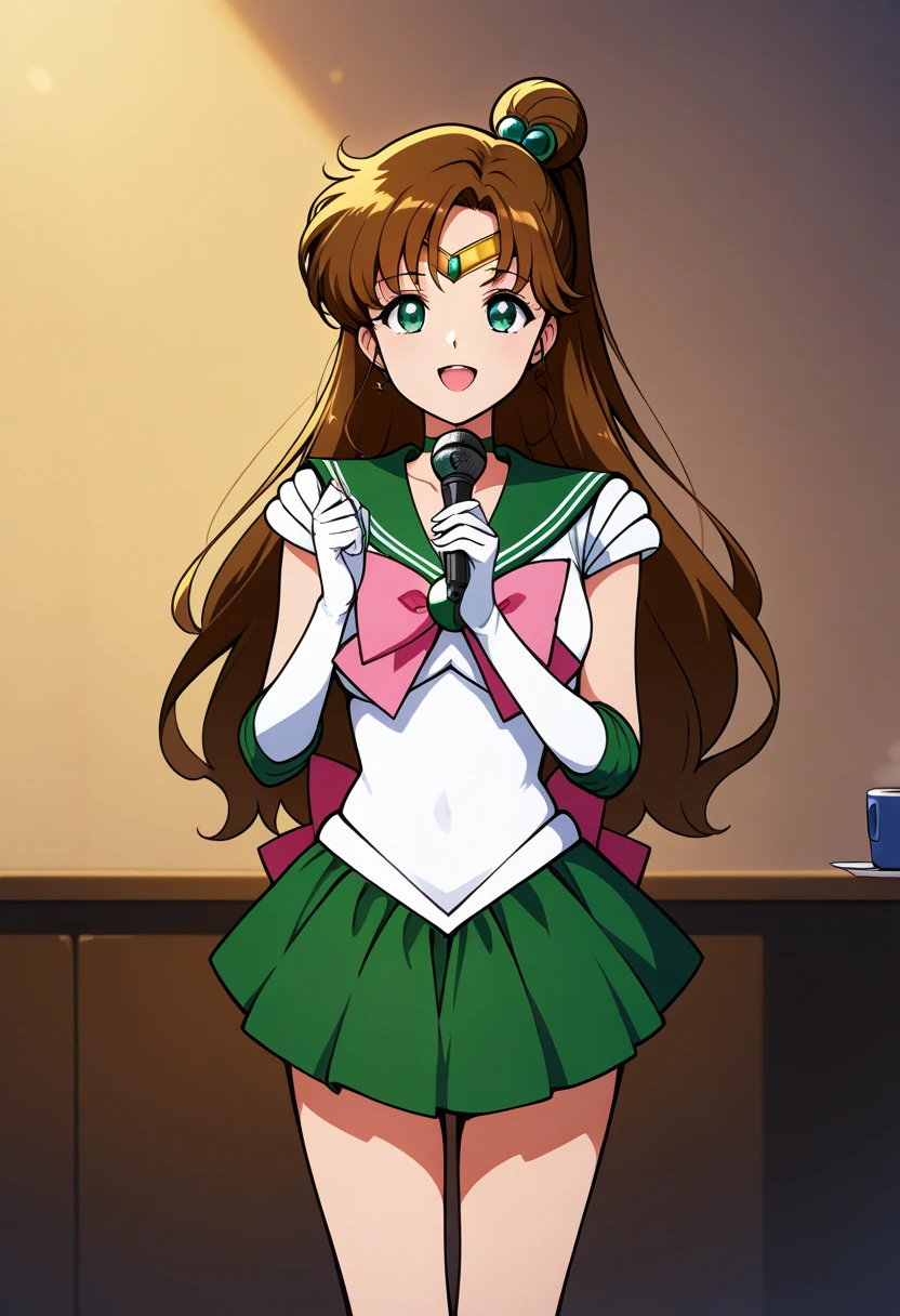 sailor jupiter, singing, for the coffee, green eyes, sideburns,  long hair, miniskirt, skirt, smile,  looking at the spectator, beautiful background, collect, alone