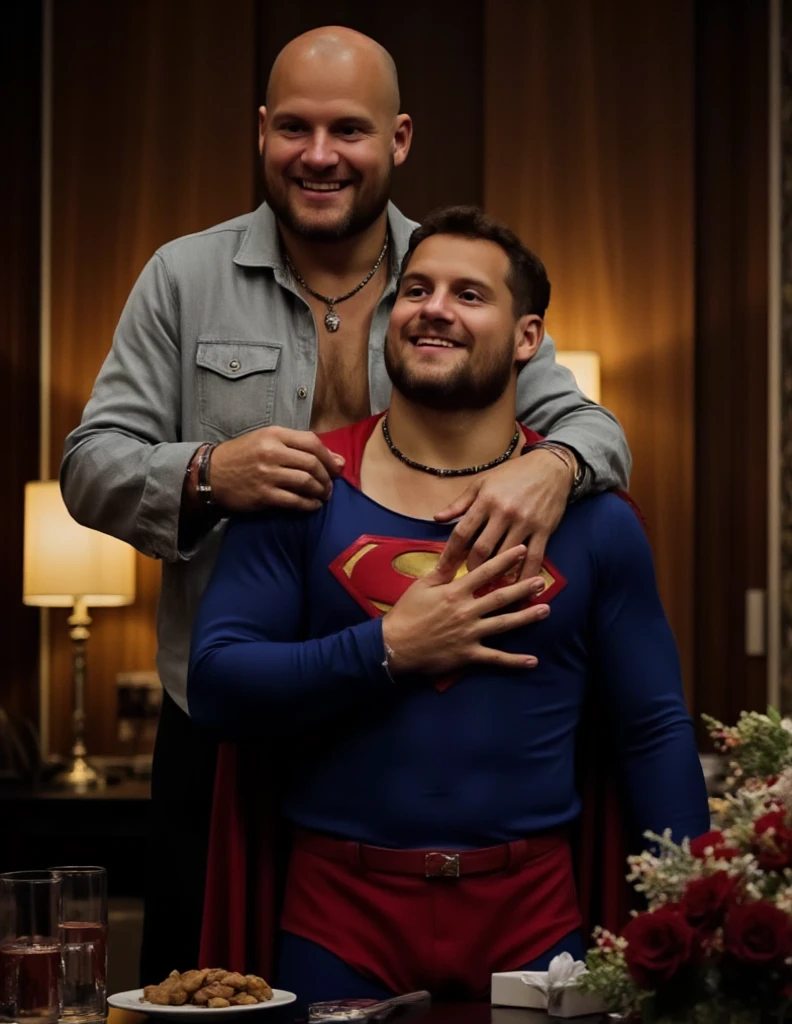 Superman gives himself to Lex as a Christmas present. Behind superman stands Lex is bald man wearing an unbuttoned  white denim shirt, touching Superman's chest with his hands.