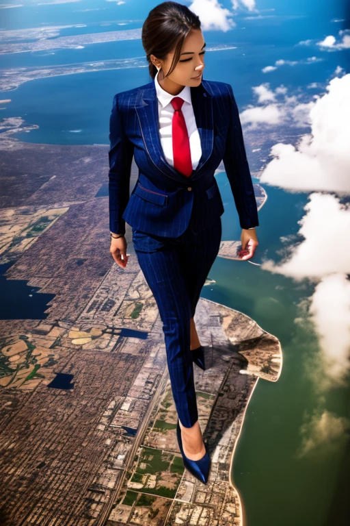 Hight altitude view of an approaching young giga giantess, Giantess art, 500 miles tall giga giantess, young sophisticated and stylish woman in a navy blue italian pinstriped trouser 3-peice suit, form fitting crisp office shirt, and a large wide light blue necktie in a windsor knot, with a beautiful, curvaceous figure, large natural breasts, and long blonde hair, with a curvaceous figure and massive breasts. wearing blue rounded court high heels with uncovered feet and standing, rampage-like pose, with a city skyscrapers background of mega-city, skyscapers, partially obscured by a hazy, cloudy atmosphere. The image is a high-resolution, masterpiece-quality, cinematic, ultra-detailed, and hyper-photorealistic photograph, with perfect hands, face, and lighting. ultra-detailed, 8K, photo-realistic, hyper-realistic, masterpiece, intricate details, full body view. Looking at camera, The image is a high-resolution, masterpiece-quality, cinematic, ultra-detailed, and hyper-photorealistic photograph, with perfect hands, face, and lighting. ultra-detailed, 8K, photo-realistic, hyper-realistic, masterpiece, intricate details, from high above