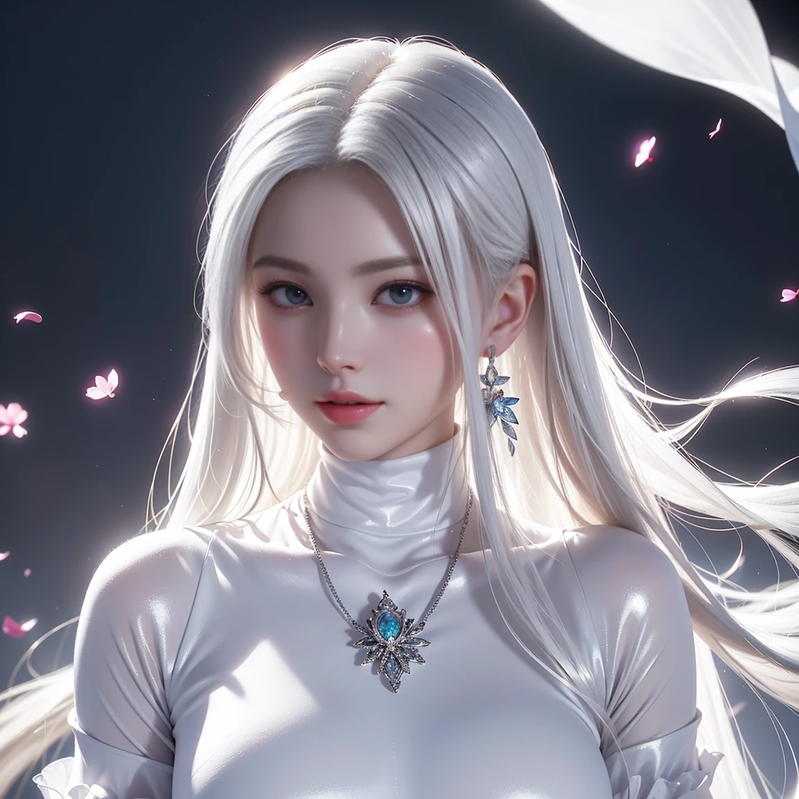 ((Bust up photo))((masterpiece:1.5、8k、Portraiture、フォトリアリスティックでVery detailedなCG、Very detailed、Particle Effects、Dynamic Effects、Written boundary depth、Cinematic Light、Lens flare、Ray Tracing、Tabletop、Realistic:1.4、Ultra-high resolution:1.2、Realistic、Realistic))((alone、,Woman in turtleneck dress:1.4、Model-like pose:、Side bust、Ample breasts、Detailed face、Bright expression、young, Brighter, Whiter skin、Best Looks、Ultimate beauty、White hair with shiny highlights:1.8、bright and shiny hair,、Super long, Silky straight hair、Hair swaying in the wind))(Wonderful transparent flower々Surrounded by、White Background、Great background、Thin petals fluttering down)