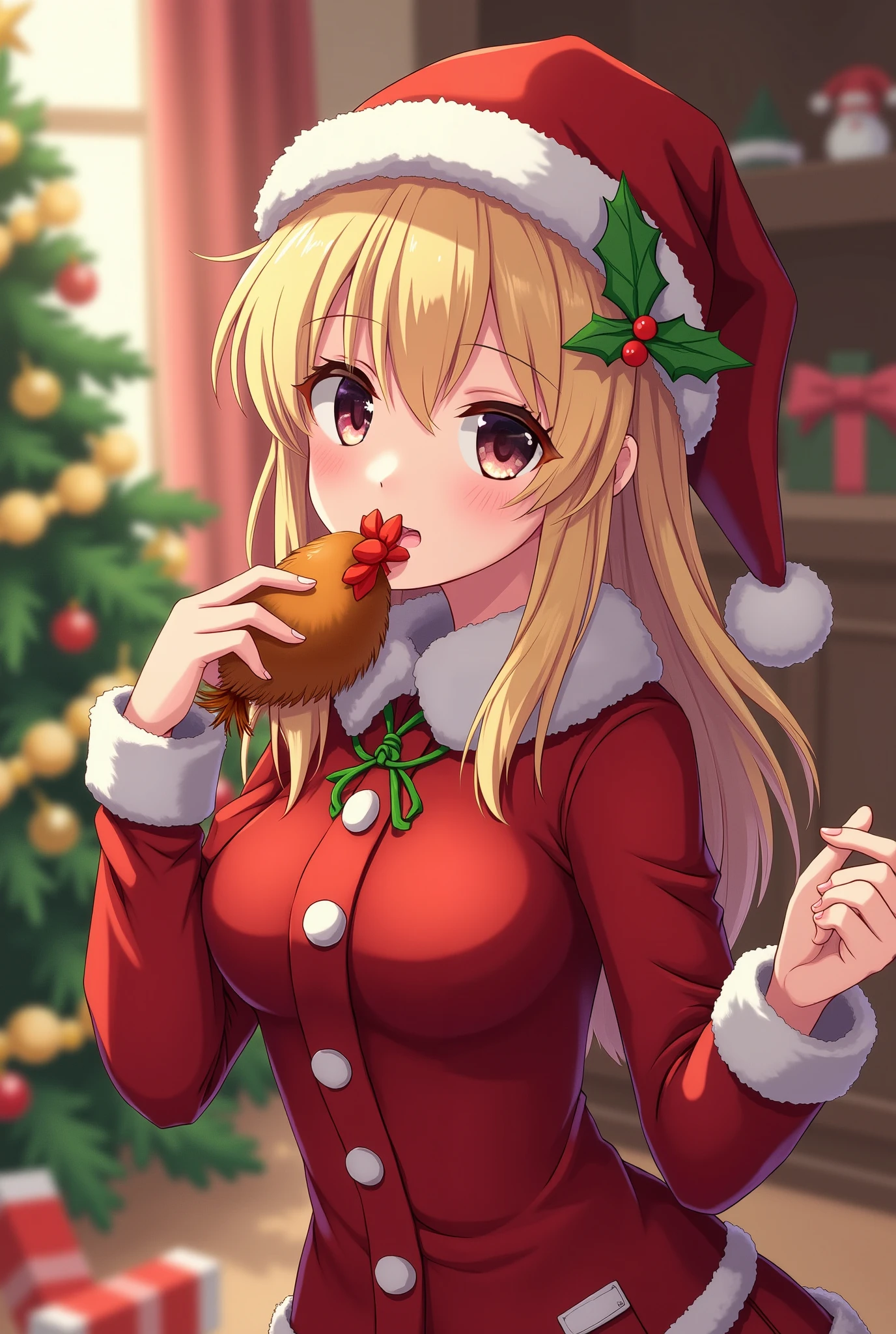 1 girl, game cg, Santa suit, shoulders visible, cleavage visible, belly button visible, Santa hat, gigantic breasts, blonde, middle hair, side ponytail, green eyes, eating food, party, night, Christmas,