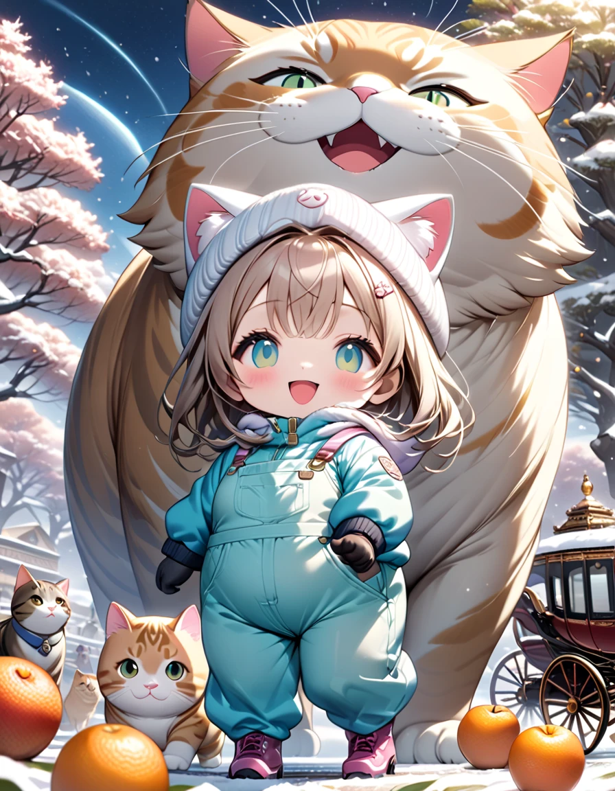 (masterpiece), (ultra-detailed), (best quality), (clear focus), (dramatic scene), (cinematic), shadow, (ultra-high resolution, 8k), perfect anatomy, perfect face, (detailed face), (detailed eye), (chibi:1.2), cute Japanese chibi girl, famous Japanese chibi idol, very beautiful and cute and cool face, (wearing a cute pastel colored coveralls with winter jacket:1.2), knit hat, knit glove, (large breasts), (She is standing in front of the gorgeous antique carriage with her giant fat cats under the leafless mandarin trees:1.3), some mandarin oranges on leafless apple trees, piles of cats are on the carriage, in winter, deeply snow covered, snowing, blizzard, they looks so happy, smile, dynamic angle, (many giant fat cats are mewing with her:1.3), (detailed cats:1.3), amazing view of vast orchard with snow covered European castle, (giant cat is mewing and flying in the sky:1.3), wide shot