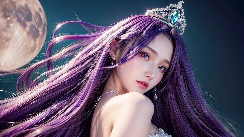 (wide angle photography), (((masterpiece))), studio light, studio photography, woman with purple hair wearing a tia, a beautiful fantasy empress, ((a beautiful fantasy empress)), fantasy art style, beautiful european princess with violet skin, 8k high quality detailed art, princess of amethyst, deviantart artstation cgscosiety, beautiful and elegant queen, epic fantasy art style hd, gorgeous digital art, beautiful fantasy art portrait