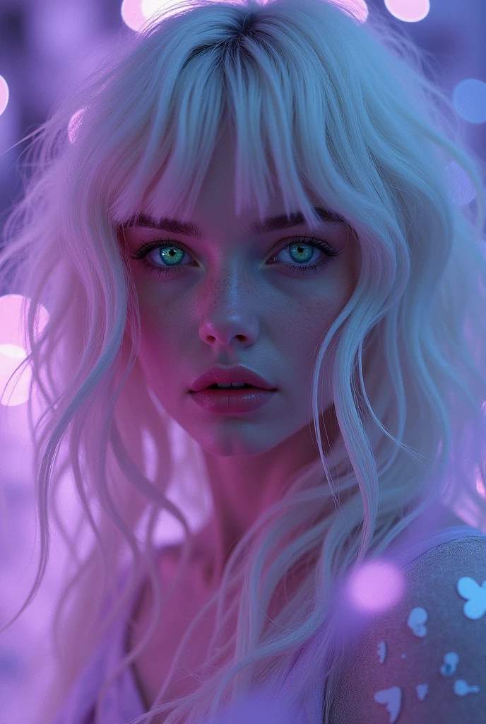  A white-haired woman ,  wavy and with a fringe at the cuts , Forget green eyes ,  and clothes and ambience in a shiny purple that highlights and empowers their appearance 