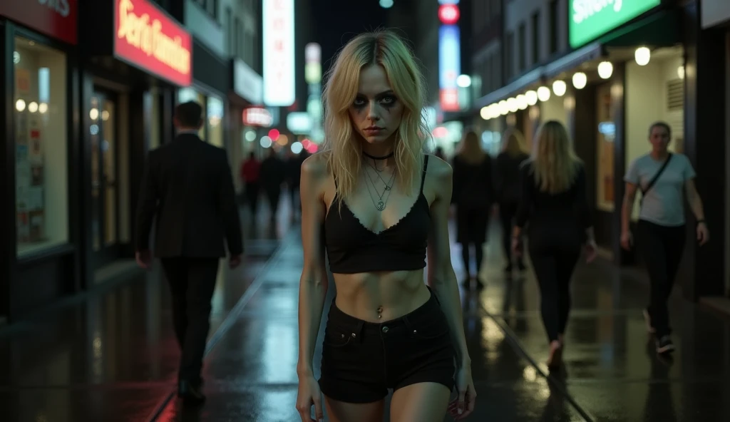 Night, realistic, photography showing a frail, drug-addicted young blonde woman, resembling Emma Stone, with a large interpupillary distance. She has smokey eyes, wears black shorts and flat black shoes, her thin and fragile body moving unsteadily like a drug addict. Seen from the front, she walks down a bustling New York City pedestrian walkway at night, neon lights from vibrant signs glowing above and reflecting off the wet pavement.  Her hollow, unfocused eyes and slouched posture emphasize her despair and isolation amidst the crowd.