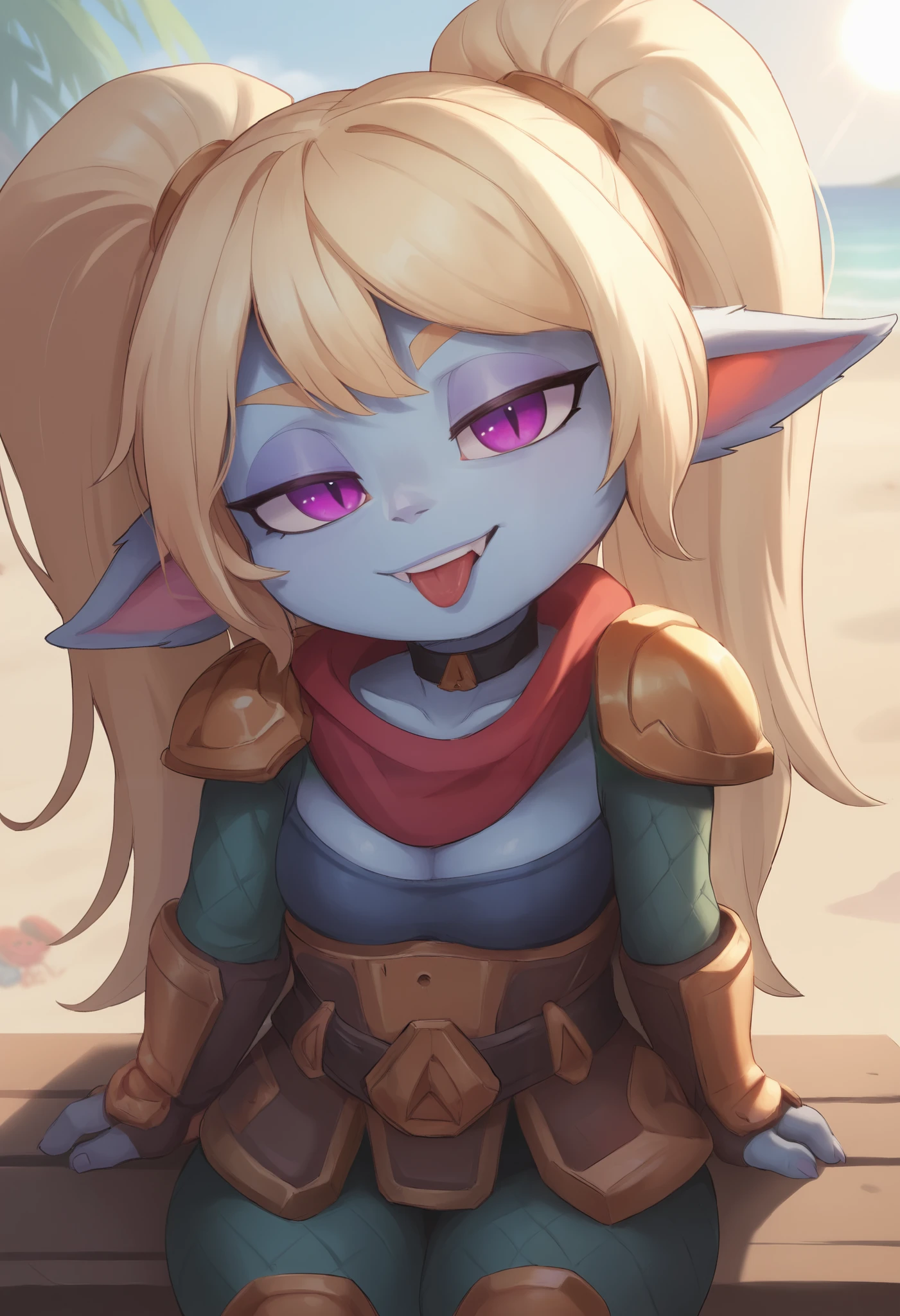 score_9, score_8_up, score_7_up, rating_safe, 1girl, (shortstack:1.3), cute, p0ppy, yordle, blonde hair, blue skin, big twintails, shoulder armor, small breasts, huge hips.(head tilt:1.3), smug, bedroom eyes, close-up, cleavage, scarf, tongue out, against wall, solo, 4 fingers.  choker. swimsuit, a sun hat. beach. sitting