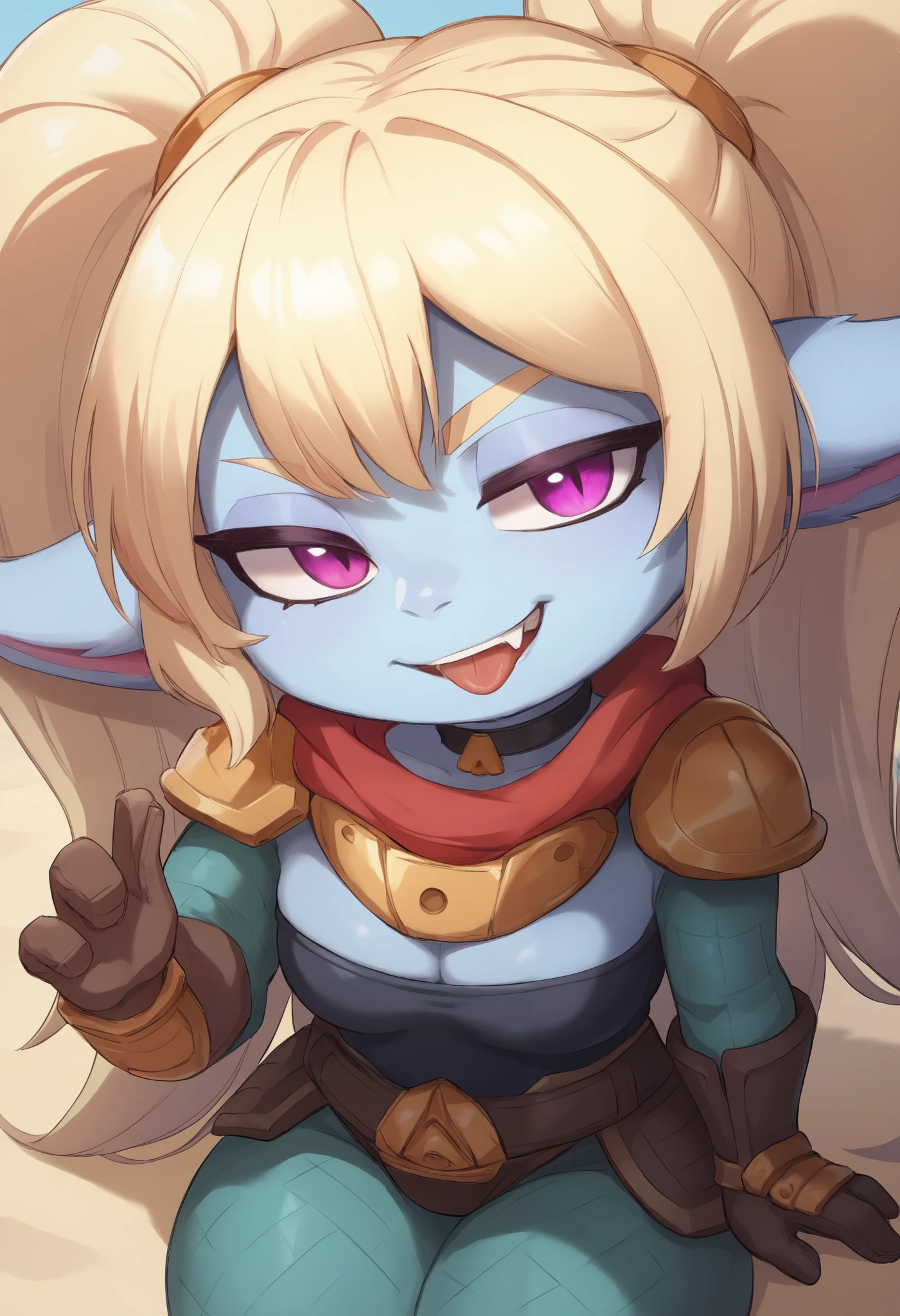 score_9, score_8_up, score_7_up, rating_safe, 1girl, (shortstack:1.3), cute, p0ppy, yordle, blonde hair, blue skin, big twintails, shoulder armor, small breasts, huge hips.(head tilt:1.3), smug, bedroom eyes, close-up, cleavage, scarf, tongue out, against wall, solo, 4 fingers.  choker. swimsuit, a sun hat. beach. sitting