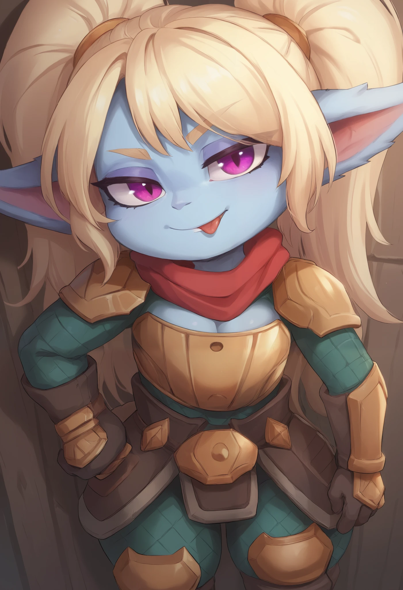 score_9, score_8_up, score_7_up, rating_safe, 1girl, (shortstack:1.3), cute, p0ppy, yordle, blonde hair, blue skin, big twintails, armor, shoulder armor, small breasts, huge hips.(head tilt:1.3), smug, bedroom eyes, close-up, cleavage, scarf, tongue out, against wall, solo, hand on hip, 4 fingers Show less