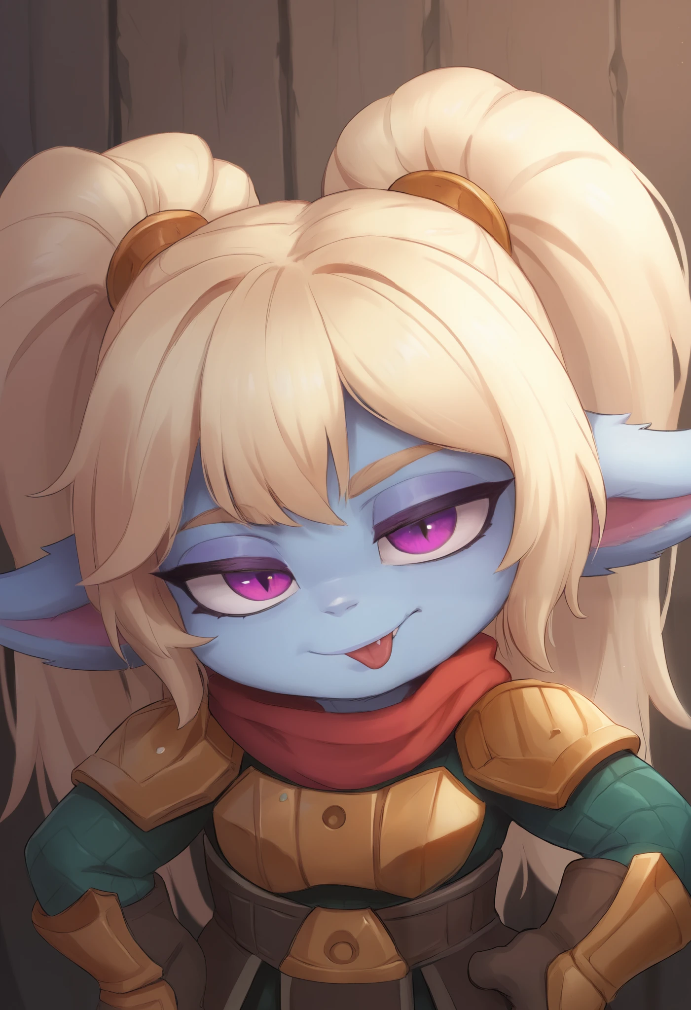 score_9, score_8_up, score_7_up, rating_safe, 1girl, (shortstack:1.3), cute, p0ppy, yordle, blonde hair, blue skin, big twintails, armor, shoulder armor, small breasts, huge hips.(head tilt:1.3), smug, bedroom eyes, close-up, cleavage, scarf, tongue out, against wall, solo, hand on hip, 4 fingers Show less