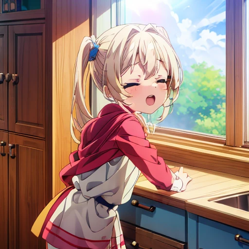 ((4K,  Masterpiece ,  top quality )),  cute, light blond hair,  blue eyes, Extra Long Twin Tail , laughs,Double tooth ,Closed Eyes, viewers,lens flare,  cuteエプロン, kitchen, Procreation