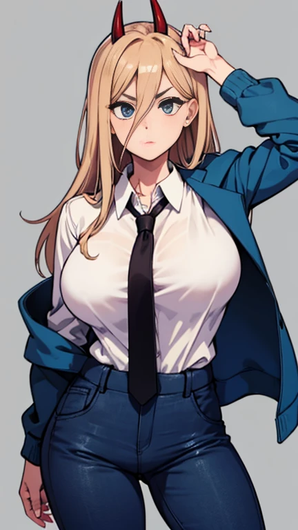 1girl, blonde_hair, yellow_eyes, 1girl, blonde_hair, yellow_eyes, a hot girl with bright red horns posing in a white shirt and blue tie, 1girl, solo, horns, breasts, shirt, cross-shaped pupils, sharp teeth, teeth, smile,  ((white background, simple background)), long hair, hair between eyes, white shirt,sneakers,  , looking at viewer, symbol-shaped pupils, blue jacket, open clothes, jacket, pink hair, red horns, grin, collared shirt, black pants,  upper body,unbuttoned shirt ,from above, ((full body)),lace bra ,masterpiece 